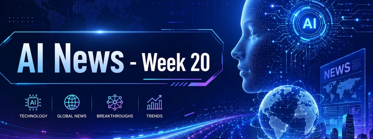 AI News Week 20 cover graphic: a digital human head profile with circuit patterns beside a glowing globe, labeled technology, global news, breakthroughs, and trends.