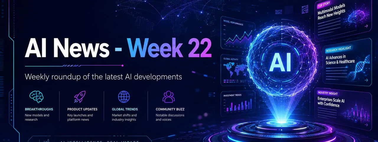 AI News Week 22 cover graphic: a glowing sphere labeled AI surrounded by enterprise dashboards, subtitled 'weekly roundup of the latest AI developments.'