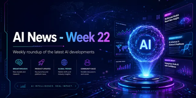 AI News Week 22 cover graphic: a glowing sphere labeled AI surrounded by enterprise dashboards, subtitled 'weekly roundup of the latest AI developments.'