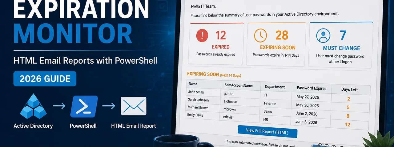Active Directory password expiration HTML email report generated with PowerShell, showing counts of expired, expiring-soon, and must-change passwords.