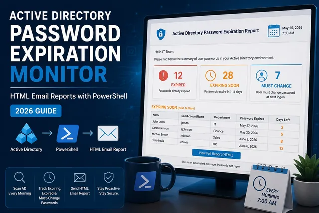Active Directory password expiration HTML email report generated with PowerShell, showing counts of expired, expiring-soon, and must-change passwords.