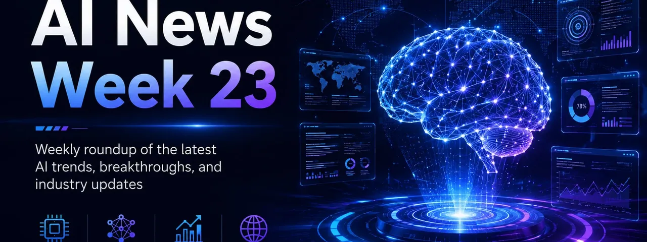 AI News Week 23 cover graphic: a glowing wireframe brain projected from a circular holographic platform, surrounded by floating dashboard panels and a dotted world map, with icons for latest trends, breakthroughs, industry updates, and global insights.