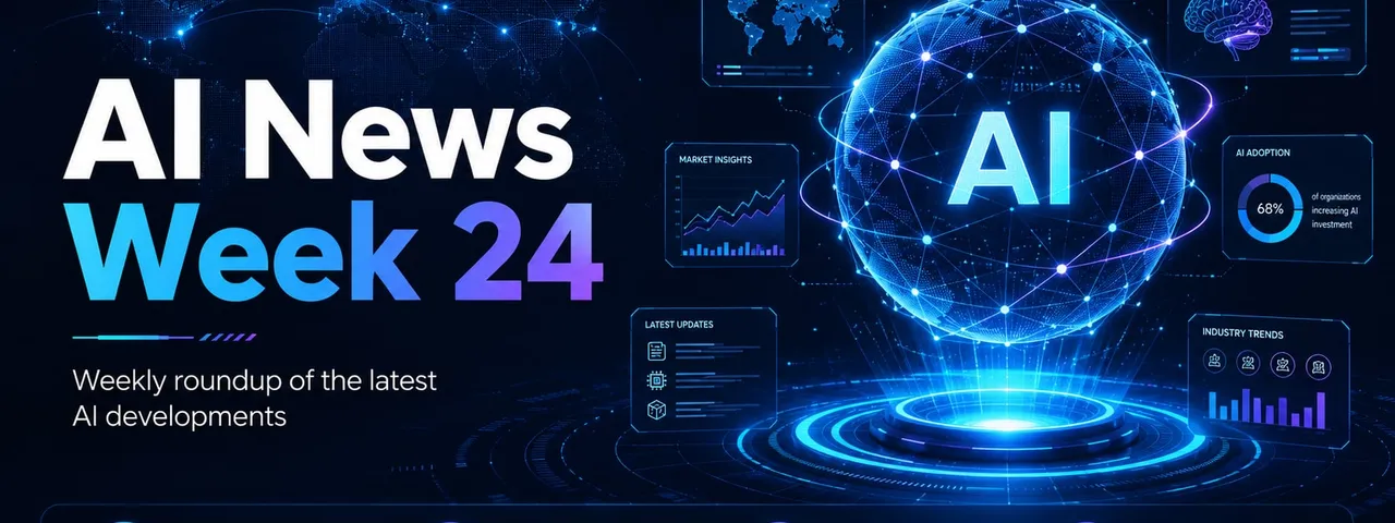 AI News Week 24 cover graphic: a glowing wireframe globe labeled AI on a holographic platform, ringed by panels showing global AI activity, market insights, and an AI adoption gauge, with icons for top stories, breakthroughs, tools, and industry trends.