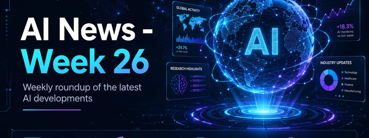 AI News Week 26 cover graphic: a glowing wireframe globe labeled AI rising from a holographic platform, surrounded by panels for global activity, trends, research highlights, and industry updates, with icons for top stories, breakthroughs, tools, and industry trends.