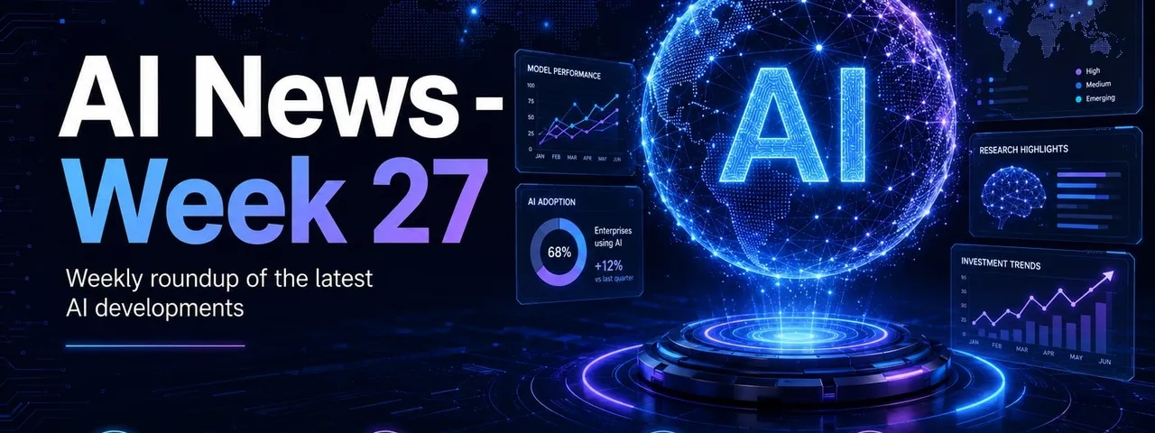 AI News Week 27 cover graphic: a glowing circuit-pattern globe labeled AI above a holographic disc, surrounded by panels for model performance, AI adoption, global AI activity, research highlights, and investment trends, with icons for top stories, breakthroughs, tools, and industry trends.