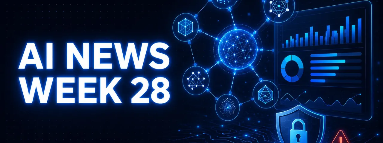 AI News Week 28 cover graphic: a blue node network linking cluster icons to an analytics dashboard with bar and donut charts, above a padlocked security shield and a red warning triangle on a circuit-board background.
