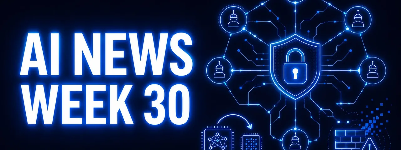 AI News Week 30 cover graphic: a padlocked security shield at the centre of a circuit network connecting six AI agent avatars, with a chip-swap arrow loop below and a breached firewall wall beside a warning triangle.