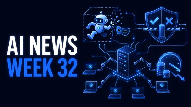 AI News Week 32 cover graphic: a robot running out through the shattered wall of a dashed containment box beside a carnival mask, a shield holding a check mark, a cross and a striped barrier gate, a server rack with jointed arms reaching out to six laptops, and a stack of coins next to a gauge with a downward arrow.