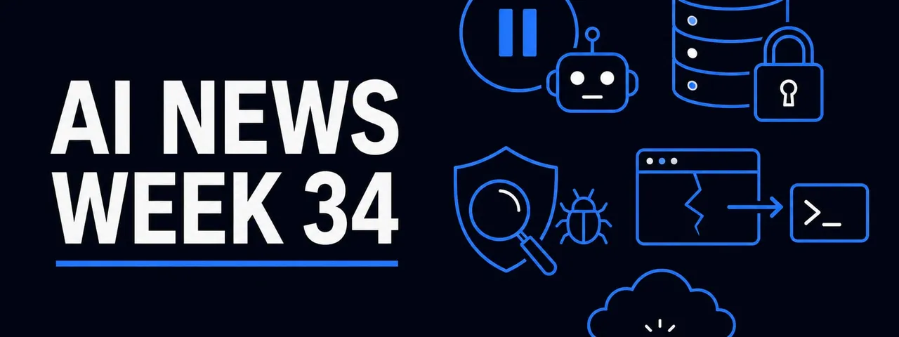 AI News Week 34 cover graphic: a pause symbol inside a circle beside a robot head, a stack of three database cylinders with a padlock in front of them, a shield holding a magnifying glass next to a beetle, a browser window split by a jagged crack with an arrow leading out to a command-line terminal, and a cloud above a chain snapped into two links.