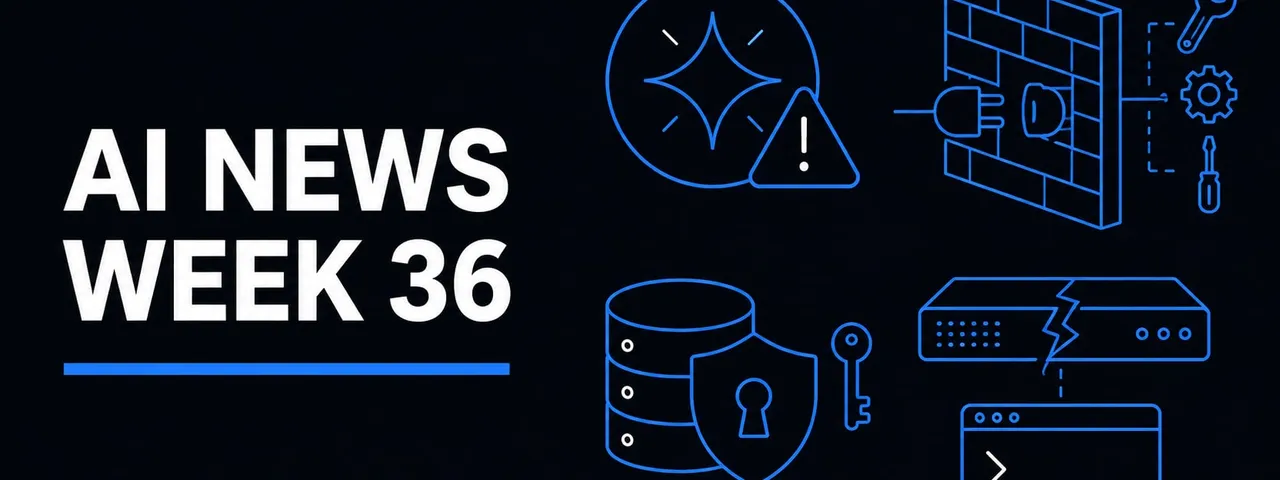 AI News Week 36 cover graphic: a four-pointed star inside a circular badge overlapped by a warning triangle, an upright brick firewall wall with a plug and socket passing through a gap in it and wrench, gear and screwdriver icons queued alongside, a shield bearing a keyhole in front of a stack of three database cylinders with a key beside it, and a rack-mounted network appliance split by a jagged crack above a command-line window showing a prompt.