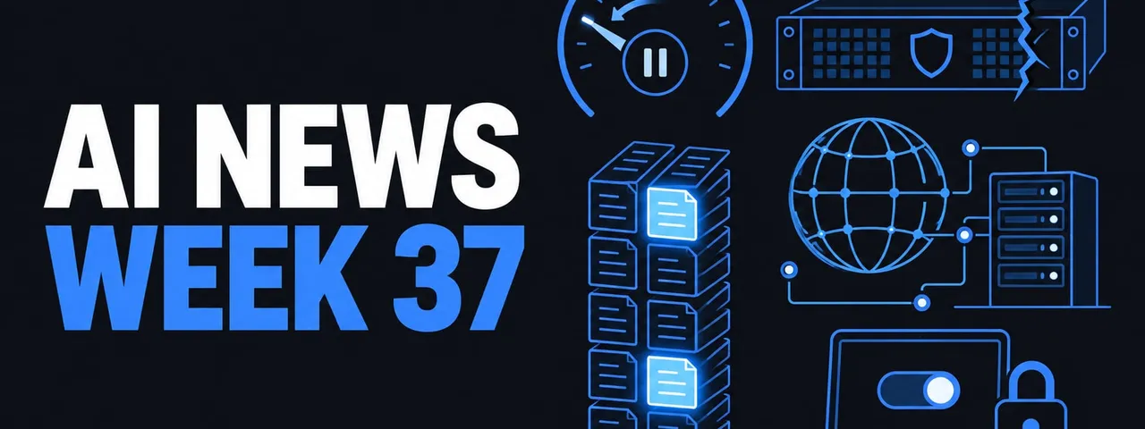AI News Week 37 cover graphic: a speedometer dial with its needle swept back to a pause symbol at the centre, a rack-mounted appliance bearing a shield on its front panel and split by a jagged crack at one end, a tall double stack of document tiles with two of them lit up brighter than the rest, a wireframe globe wired by network lines to a server cabinet, and an open laptop showing a sliding toggle switch beside a closed padlock.