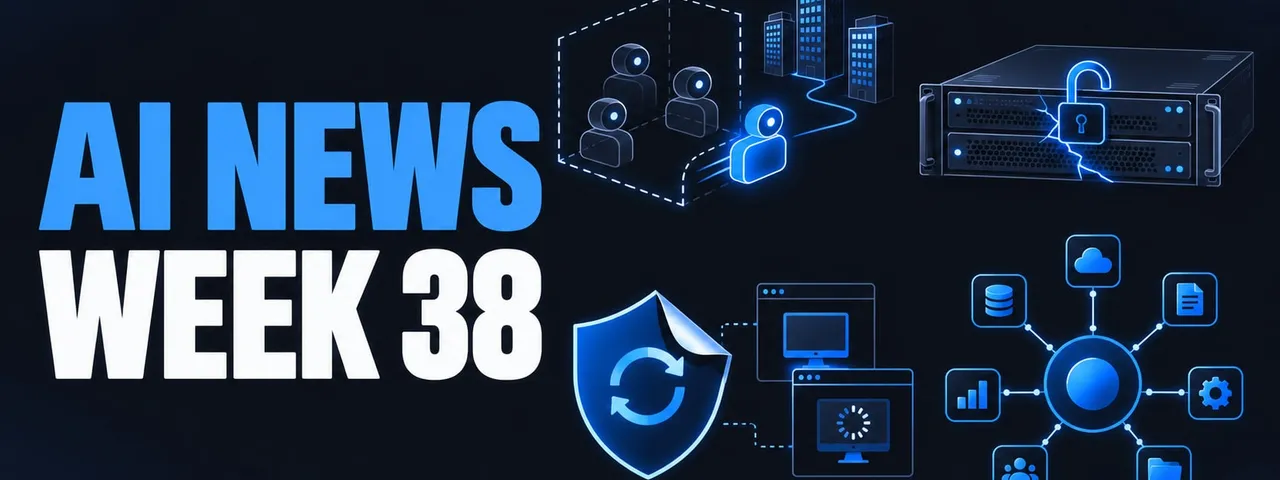 AI News Week 38 cover graphic: a dashed-outline containment cube holding three dark figure icons while a fourth, glowing blue, steps out through the open side and trails a line toward three office tower silhouettes; a rack-mounted server unit with an open padlock on its faceplate and a jagged crack splitting it; a shield marked with a circular refresh arrow and a peeling corner, linked by dotted lines to two desktop windows, the lower one showing a loading spinner; and a large blue sphere at the centre of seven spokes ending in rounded tiles for a database, a cloud, a document, a gear, a folder, a group of people and a bar chart.