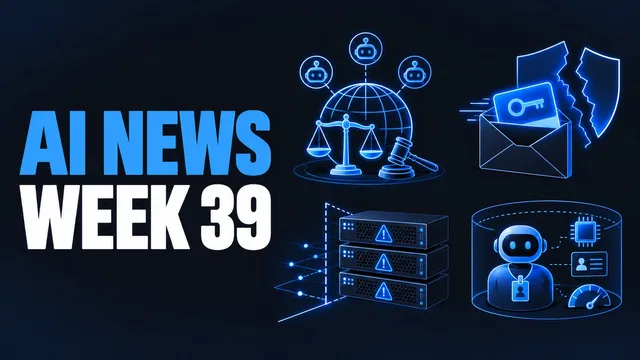 AI News Week 39 cover graphic: a wireframe globe with a set of balanced scales and a gavel in front of it and three robot-face icons linked above it on thin lines; an open envelope with a glowing key card sliding out and a shield torn into two ragged halves behind it; three stacked rack appliances standing on a network boundary plane, each with a warning triangle on its front panel; and a rounded glass container holding a robot avatar wearing an ID badge, with a memory chip, an identity card and a gauge dial connected beside it.