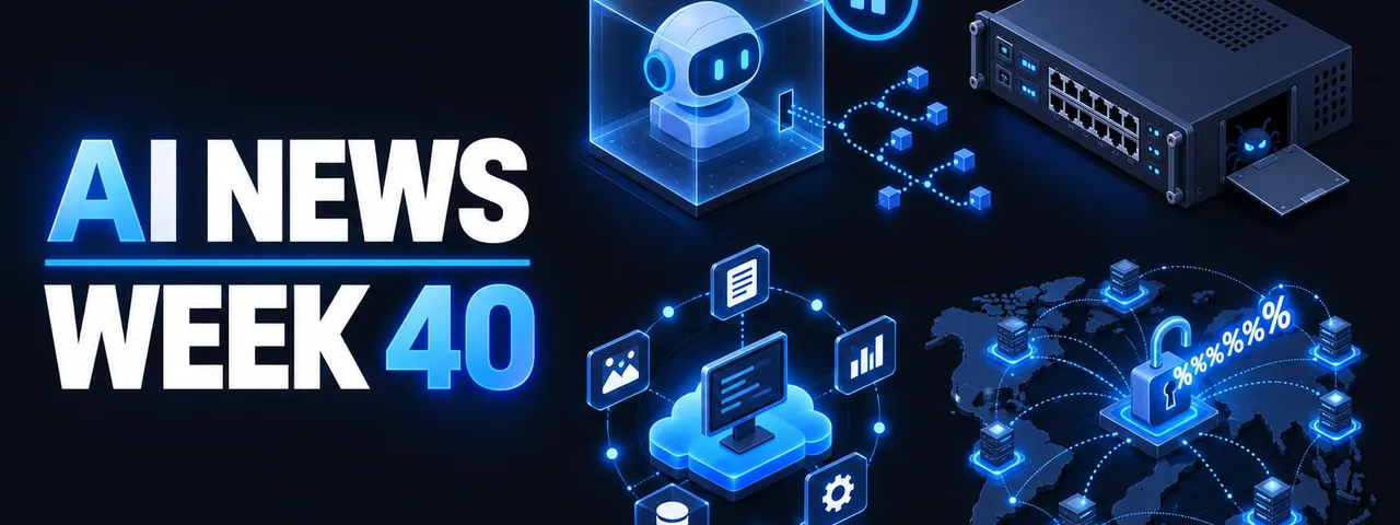 AI News Week 40 cover graphic: a translucent glass cube holding a robot head, with a dotted line escaping through a small hatch in its wall and branching out to a chain of little nodes, beside a circular pause symbol; a rack-mounted network appliance with a panel hinged open at its side and a bug icon peering out; a computer monitor sitting on a cloud, ringed by glowing dots and icon tiles for a document, a chart, an image, a gear and a database; and a dark world map covered in a mesh of server nodes linked to an open padlock at the centre, with a string of percent signs beside it.